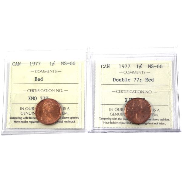 2x 1977 Canada 1-cent ICCS Certified MS-66, Red. Includes: Double 77, & Standard. 2pcs.