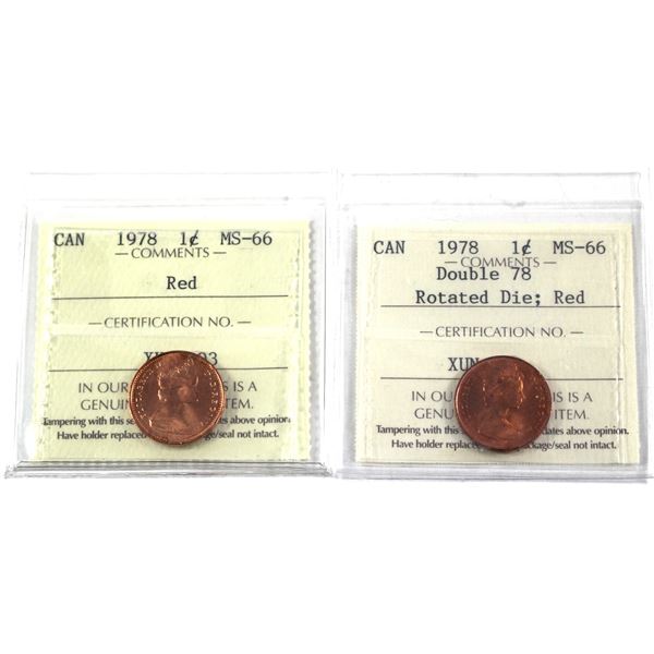 2x 1978 Canada 1-cent ICCS Certified MS-66, Red. Includes: Double 78 Rotated Die; & Standard. 2pcs