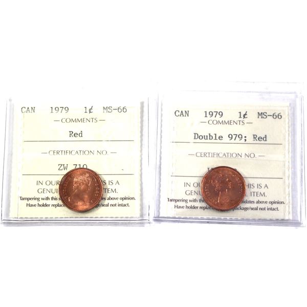 2x 1979 Canada 1-cent ICCS Certified MS-66, Red. Includes: Double 979; & Standard. 2pcs