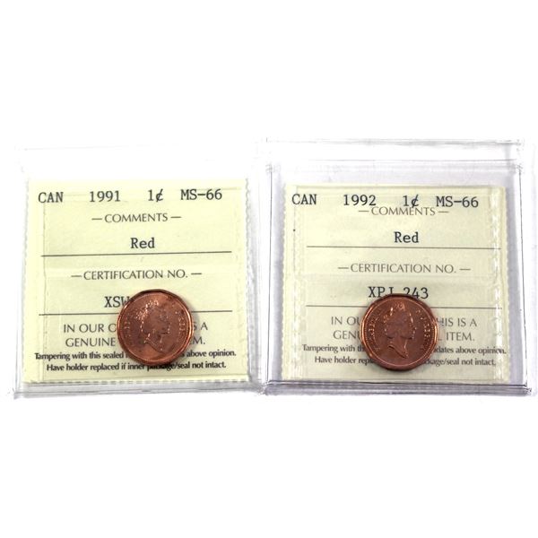 1991 & 1992 Canada 1-cent ICCS Certified MS-66, Red. 2pcs.