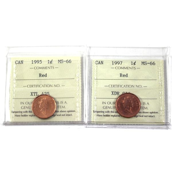 1995 & 1997 Canada 1-cent ICCS Certified MS-66, Red. 2pcs.