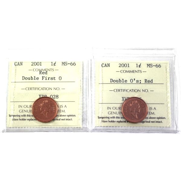 2x 2001 Canada 1-cent ICCS Certified MS-66, Red. Includes: Double First 0; & Double 0's. 2pcs