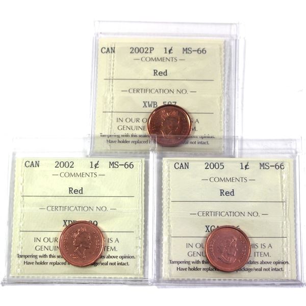 Lot of 3x 2002-2005 Canada 1-cent ICCS Certified MS-66, Red. 3pcs.