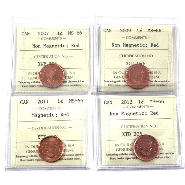 Lot of 4x 2007-2012 Canada 1-cent ICCS Certified MS-66, Red. Most Coins Non Magnetic. 4pcs.