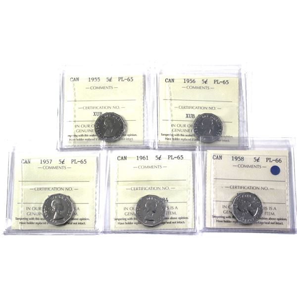 Lot of 5x 1955-1961 Canada 5-cent ICCS Certified PL-65 to PL-66. 5pcs.