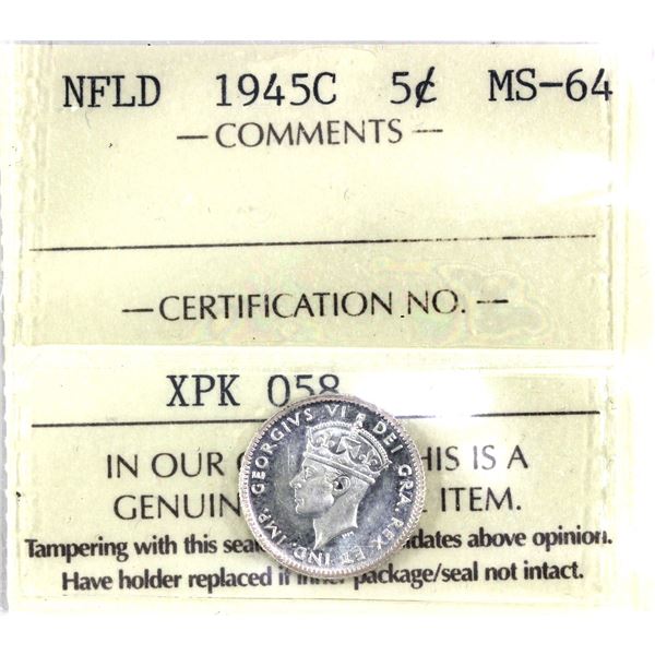 1945C Newfoundland 5-cent  ICCS Certified MS-64