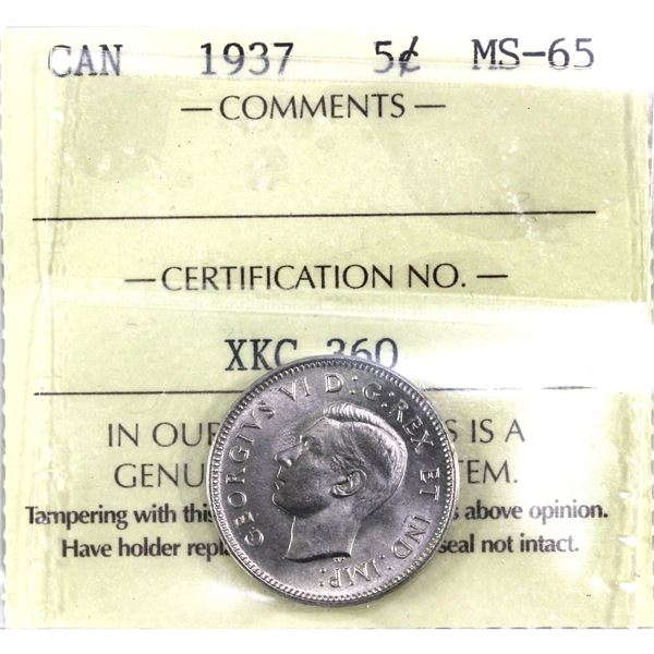 1937 Dot Canada 5-cent  ICCS Certified MS-65