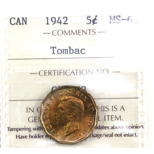 1942 Tombac Canada 5-cent  ICCS Certified MS-65