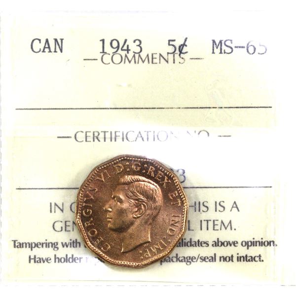1943 Tombac Canada 5-cent  ICCS Certified MS-65