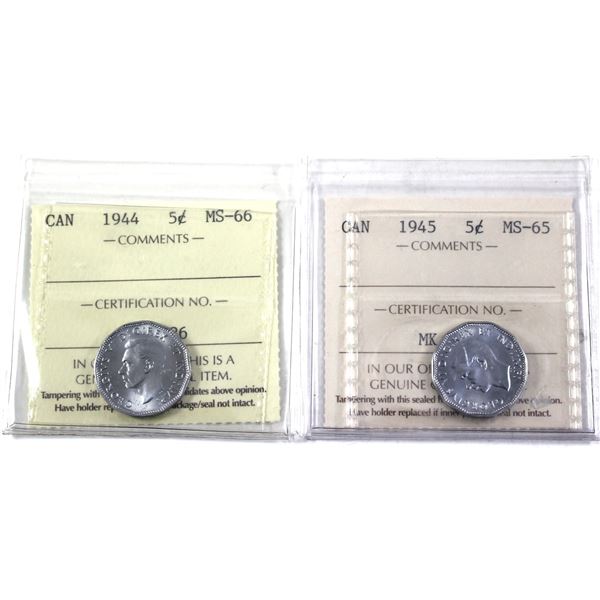 Lot of 2x 1944-1945 Canada 5-cent  ICCS Certified MS-65 to MS-66. 2pcs.