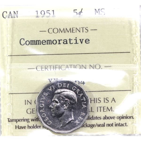 1951 Commemorative, Canada 5-cent  ICCS Certified MS-65