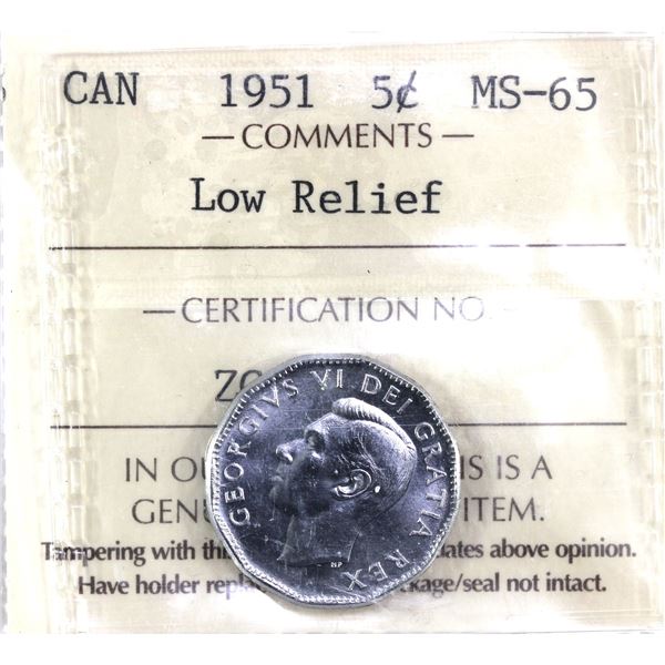 1951 Low Relief, Canada 5-cent  ICCS Certified MS-65