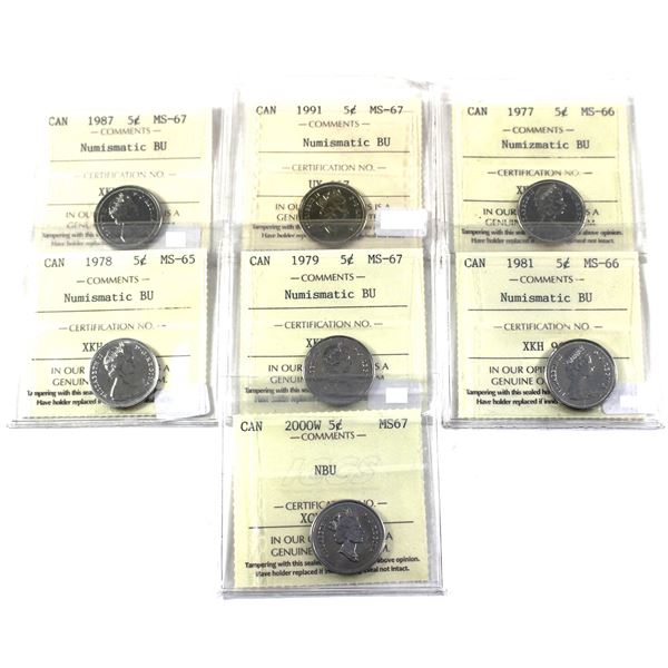 Lot of 7x 1977-2000 Numismatic BU, Canada 5-cent ICCS Certified MS-65 to MS-67. 7pcs.