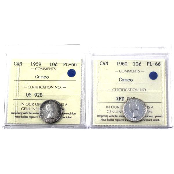 1959 & 1960 Canada 10-cent  ICCS Certified PL-66, Cameo. 2pcs.