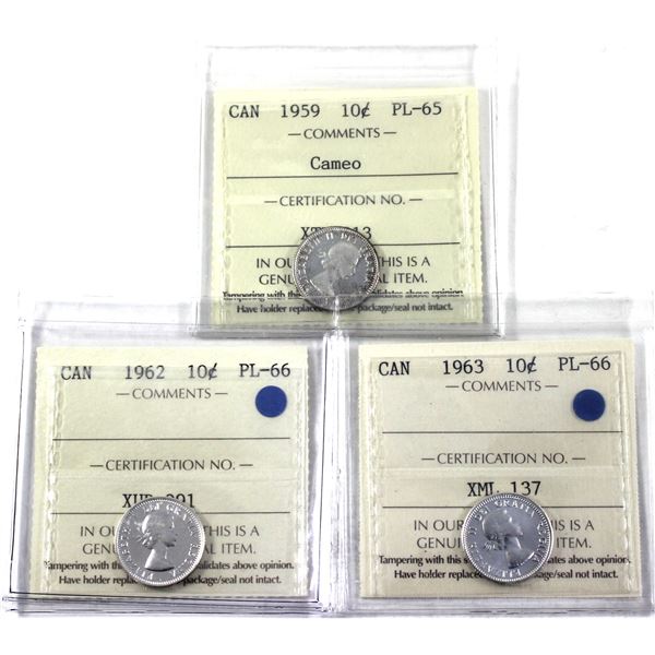 Lot of 3x 1959-1963 Canada 10-cent  ICCS Certified PL-65 to PL-66. 3pcs.