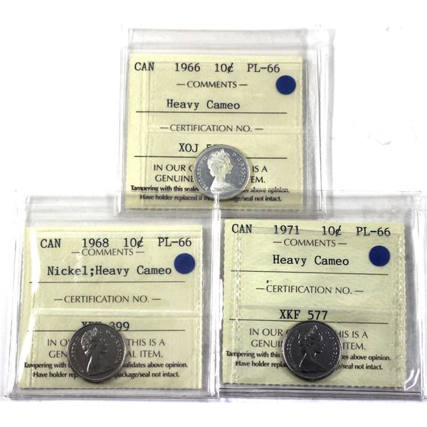 Lot of 3x 1966-1971 Canada 10-cent  ICCS Certified PL-66, Heavy Cameo. 3pcs.