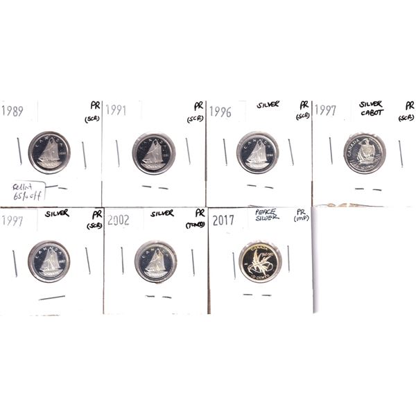 Lot of 7x 1989-2017 Canada 10-cent  PR. 7pcs.