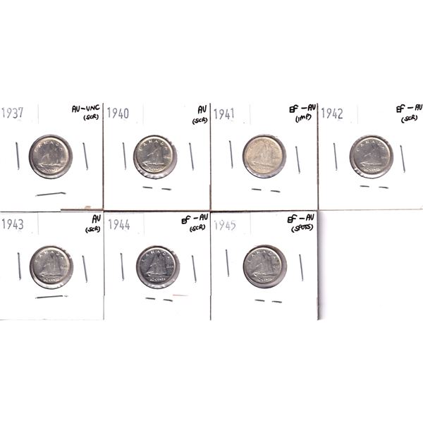 Lot of 7x 1937- 1945 Canada 10-cent  EF to UNC. 7pcs.
