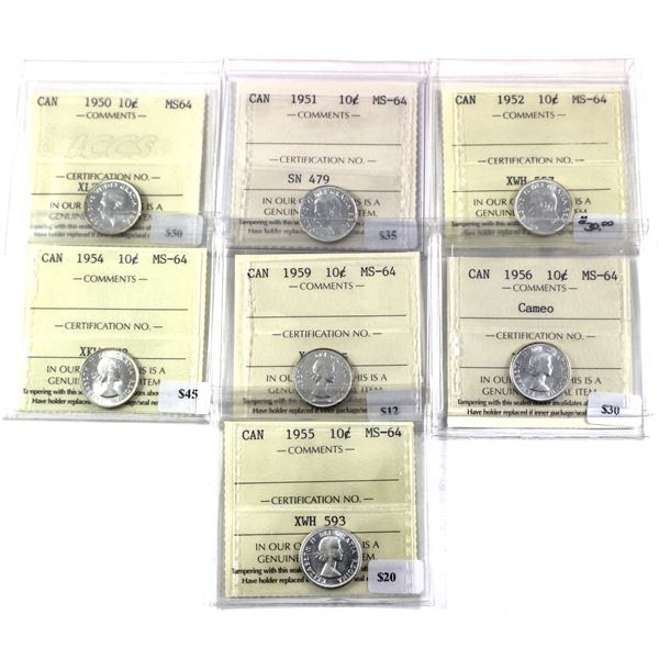 Lot of 7x 1950-1959 Canada 10-cent  ICCS Certified MS-64. 7pcs.