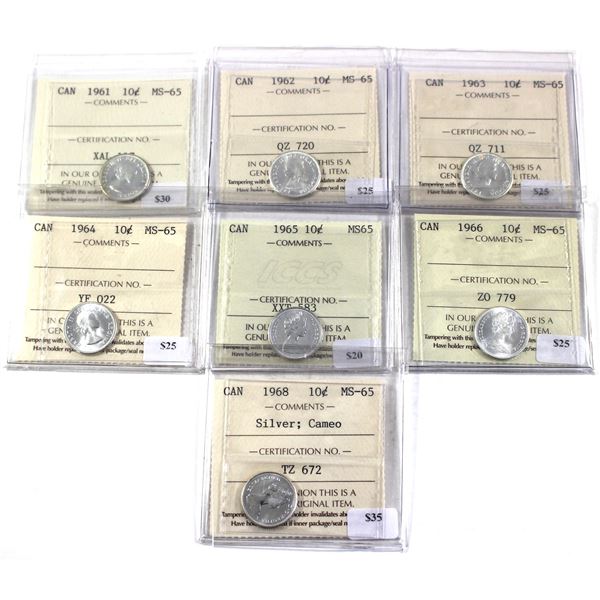 Lot of 7x 1961-1968 Canada 10-cent  ICCS Certified MS-65. 7pcs.