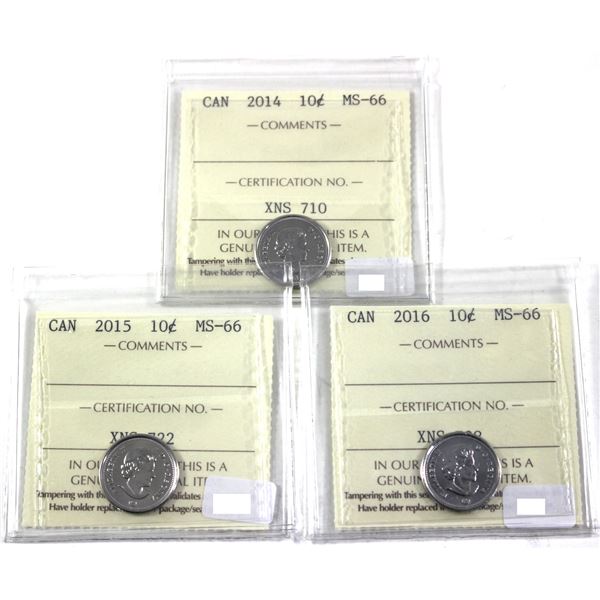 Lot of 3x 2014-2016 Canada 10-cent  ICCS Certified MS-66. Lot Includes: 2014, 2015, & 2016. 3pcs.