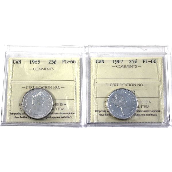 1965 & 1967 Canada 25-cent ICCS Certified, PL-66. 2pcs.
