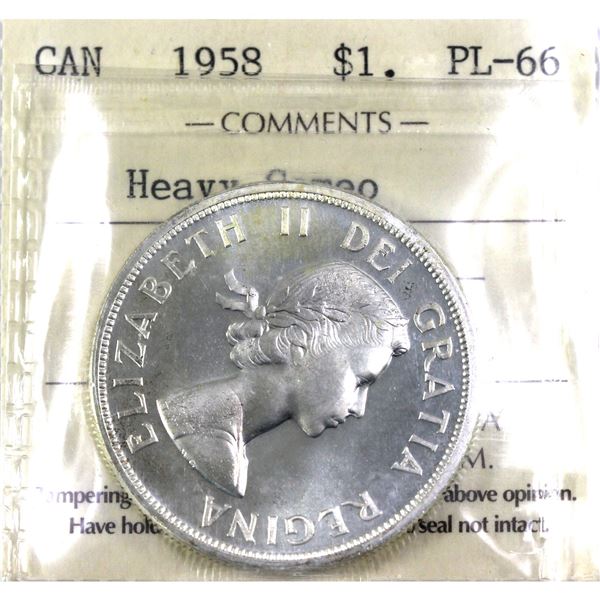 1958 Canada Silver Dollar  ICCS Certified PL-66, Heavy Cameo