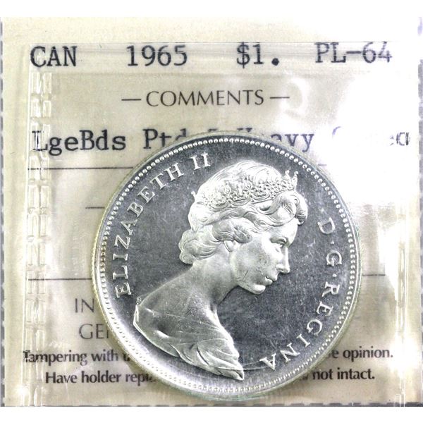 1965 LgeBds Ptd 5, Canada Silver Dollar  ICCS Certified PL-64, Heavy Cameo