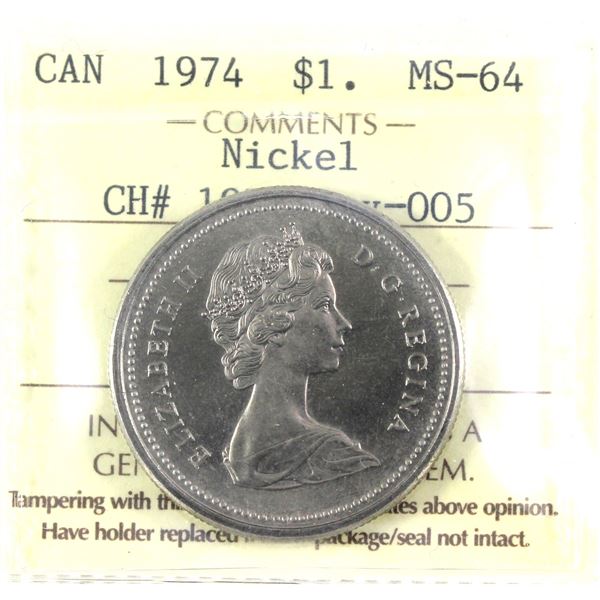 1974 Rev-005 Canada Nickel Dollar, ICCS Certified MS-64