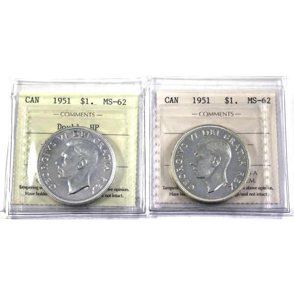 2x 1951 Canada Silver Dollar  ICCS Certified MS-62. Lot Includes: Double HP; & Standard. 2pcs.