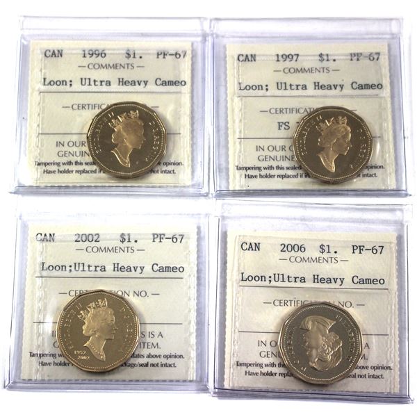Lot of 4x 1996-2006 Canada Loon Dollar, ICCS Certified PF-67, UHC. 4pcs.