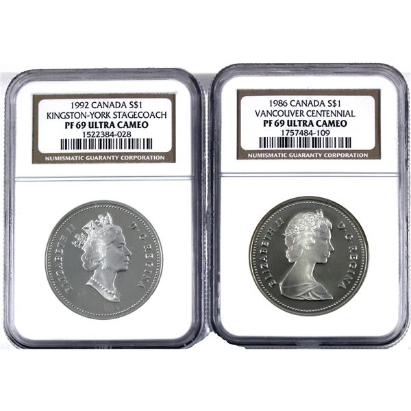 Lot of 2x 1986-1992 Canada Silver Dollar  NGC Certified PF-69, Ultra Cameo. 2pcs.