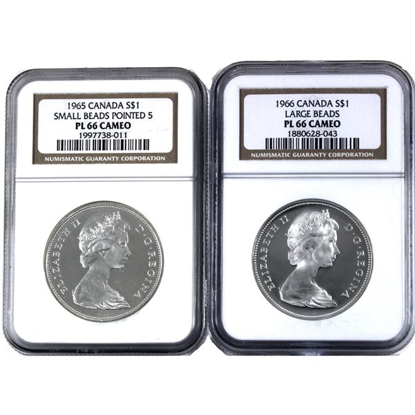 Lot of 2x 1965-1966 Canada Silver Dollar  NGC Certified PL-66, Cameo. 2pcs.