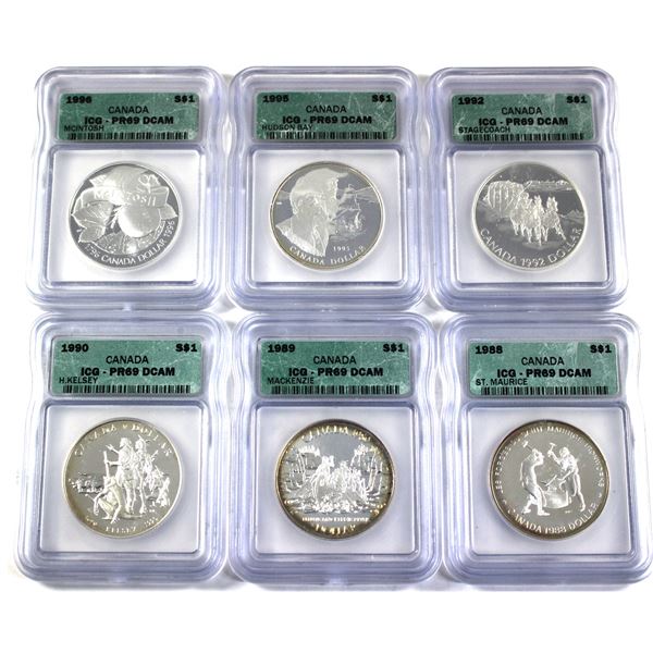 Lot of 6x 1988-1996 Canada Silver Dollar  ICG Certified PR-69, DCAM. 6pcs.