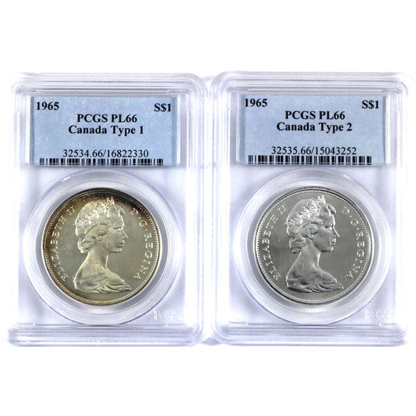 Lot of 2x 1965 Canada Silver Dollar  PCGS Certified PL-66. Lot Includes: Type 1; & Type 2. 2pcs.