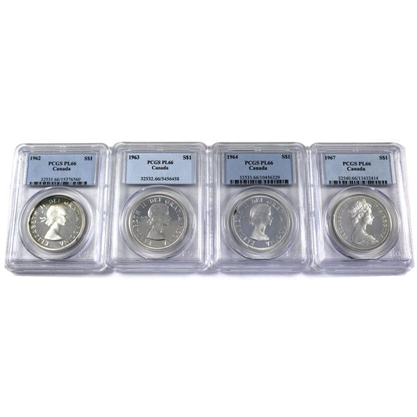 Lot of 4x 1962-1967 Canada Silver Dollar  PCGS Certified PL-66. 4pcs.