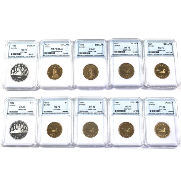 Lot of 10x 1981-2002 Canada Dollar, NNC Certified PR-70, DCAM. 10pcs.