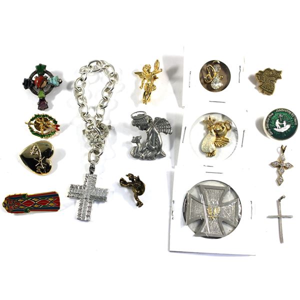 Lot of 15x Assorted Pins and Charms of Religious Symbols. All assorted. Please see picture for more 