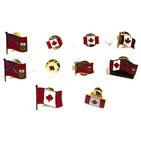 Lot of 10x Assorted Pins of Canada and Ontario Flags. All assorted. Please see picture for more deta