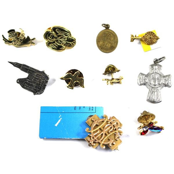 Lot of 10x Assorted Pins and Charms of Religious Symbols. All assorted. Please see picture for more 