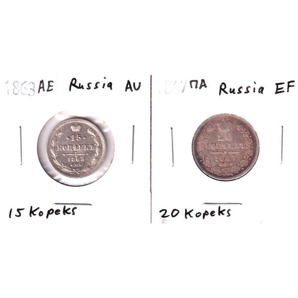 1847 Russia 20 Kopeks EF & 1863 Russia 15 Kopeks AU. 2pcs
