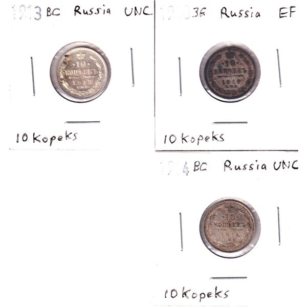 3x Russia 10 Kopeks; 1910-3E EF, 1913BC UNC & 1914BC UNC. 3pcs