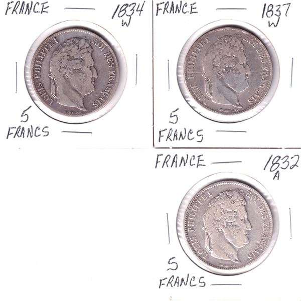 1832A, 1834W & 1837W France 5 Frances. 3pcs