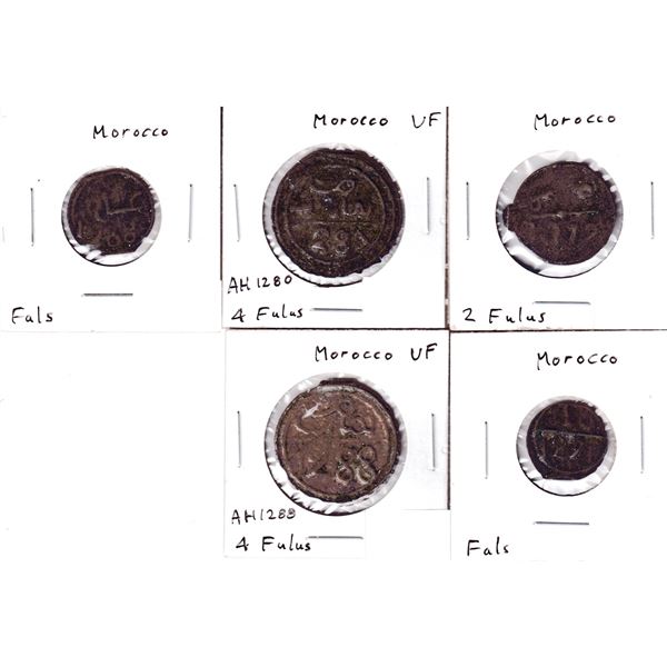 Group lot of 5x Moroccan coins (no date) ; 1x 2 Fulus,2x 4 Fulus & 2x Fals. 5pcs
