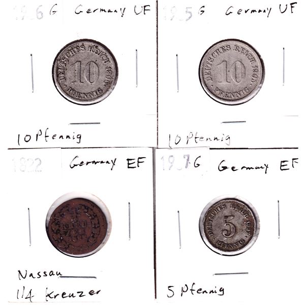 Lot of 4x Germany Coins; 1822 Nassau 1/4 Kreutzer EF, 1905G 10 Pfennig VF, 1906G 10 Pfennig VF & 190