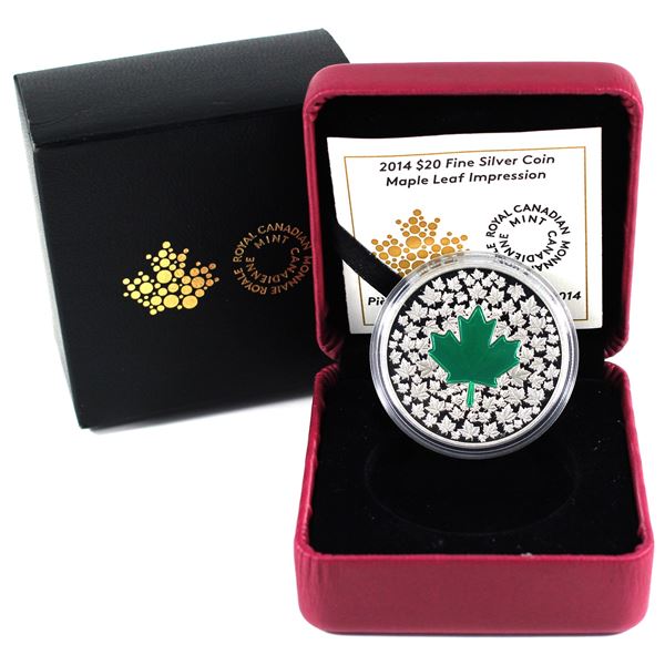 2014 Canada $20 Maple Leaf Impression, 1oz Fine Silver Coin With Enamel Design