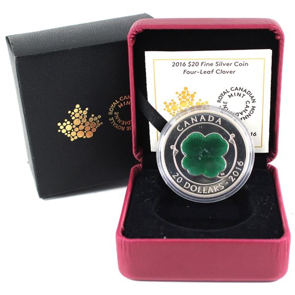 2016 Canada $20 Four Leaf Clover, 1oz Fine Silver Coin With Enamel Design
