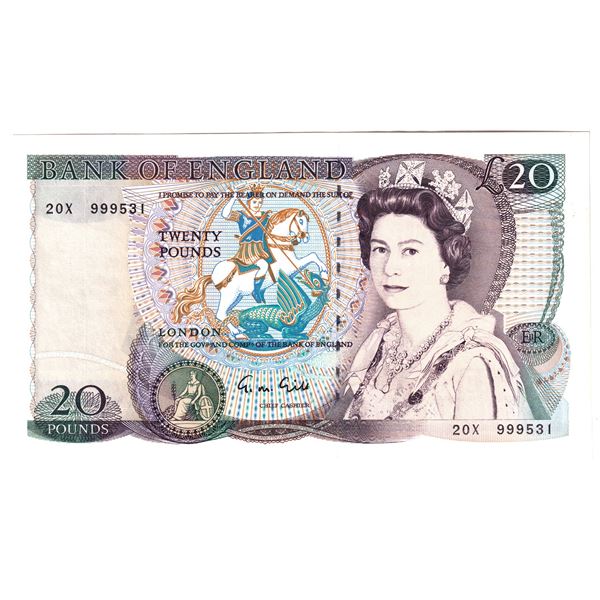 BE-309F 1988-1991 Bank of England 20 Pounds, G.M. Gill, Collector Set Issue, SN: 20x 999531, AU-UNC