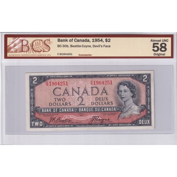 BC-30b 1954 Canada $2, Beattie-Coyne, Devil's Face, SN:F/B1904251, BCS Certified AU-58 Original