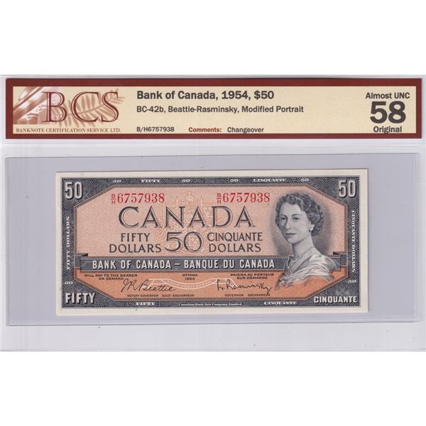 BC-42b 1954 Canada $50, Beattie-Rasminsky, Modified Portrait, SN: B/H, BCS Certified AU-58 Original